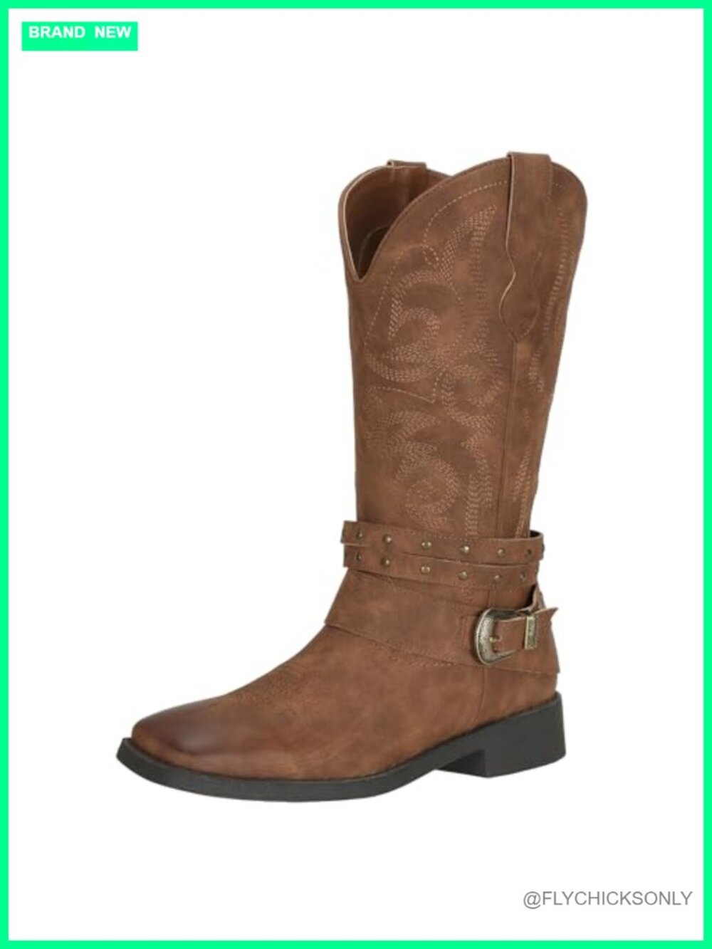 Faux Leather Square Toe Mid Calf Western Cowboy Boots with Removable Buckles